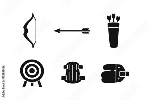 Flat archery icons set depicting bow, arrow, target, quiver and protective gear in black