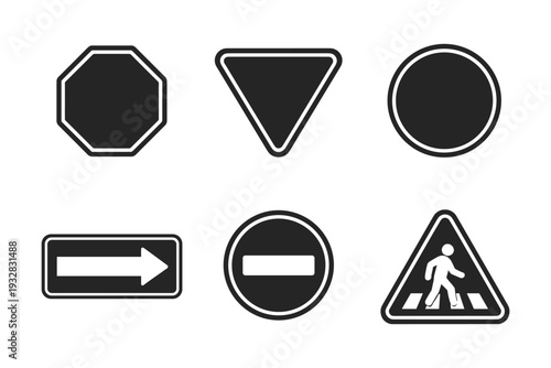 Collection of various black traffic signs on a white background