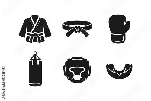Collection of martial arts and boxing equipment icons on a white background