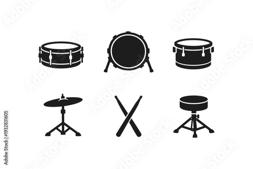 Collection of black drum kit icons and elements on a white background