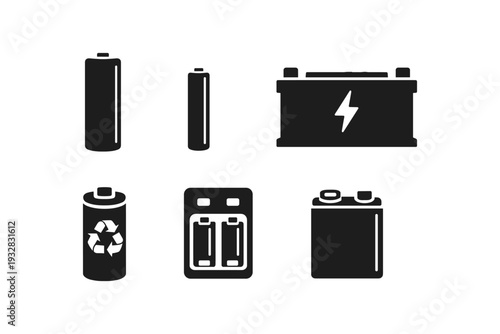 Collection of various battery icons including AA, AAA, car battery, and charger
