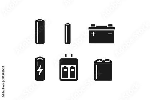 Collection of various battery icons including AA, AAA, car battery, and charger