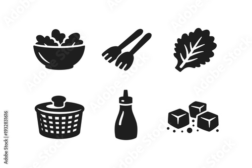 Collection of simple black icons representing salad ingredients and preparation tools