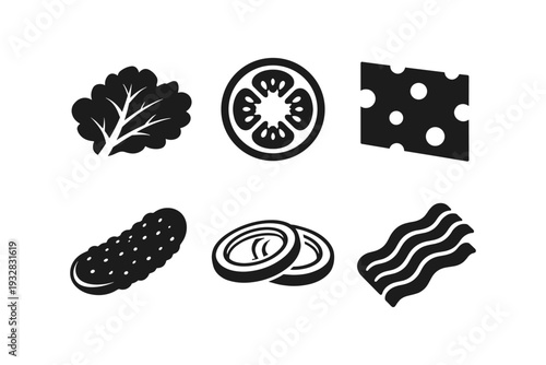Burger ingredients icons: lettuce, tomato, cheese, pickle, onion, and bacon