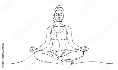 A continuous line graphic of a woman meditating in a lotus position, embodying peace and mindfulness, ideal for health and spirituality marketing and lifestyle branding materials.