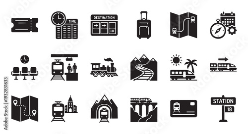 Comprehensive collection of train travel and railway transportation icons and symbols, perfect for illustrating journey planning applications, destination guides, and station services