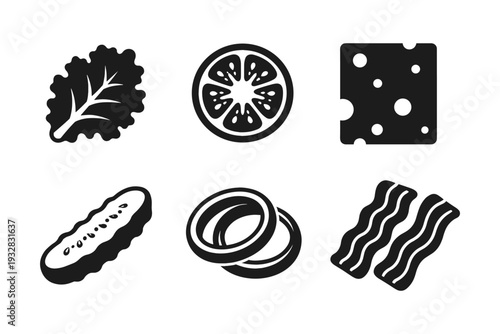 Burger ingredients icons: lettuce, tomato, cheese, pickle, onion, and bacon