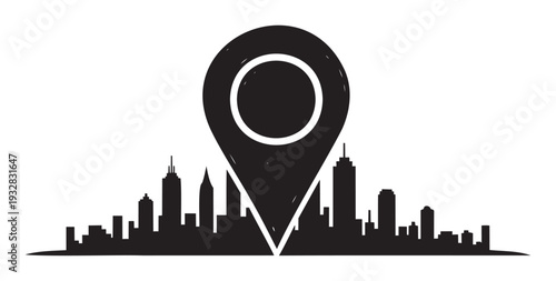 Sleek black cityscape silhouette with an overhead map pin icon symbolizing precise urban location, travel planning, and geographical targeting for digital marketing and real estate