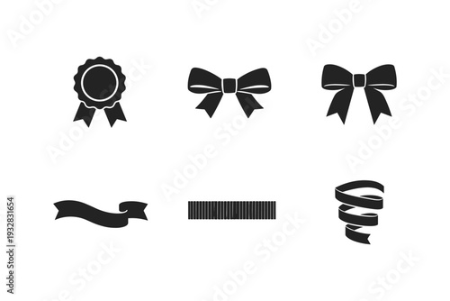 Collection of decorative ribbons, bows, and award rosette icons on a white background