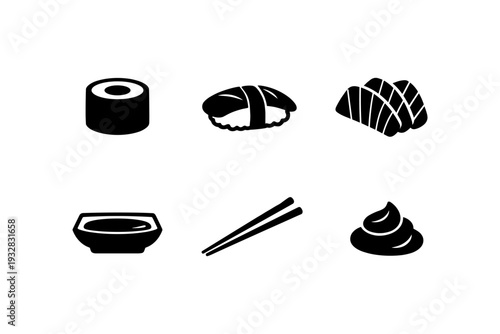 Collection of Japanese sushi icons including maki, nigiri, sashimi, soy sauce, chopsticks, and wasabi