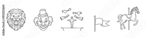 Circus themed black and white sketch collection featuring a roaring lion, a cheerful clown, a skilled tightrope walker juggling, a festive flag, and a classic carousel horse perfect for