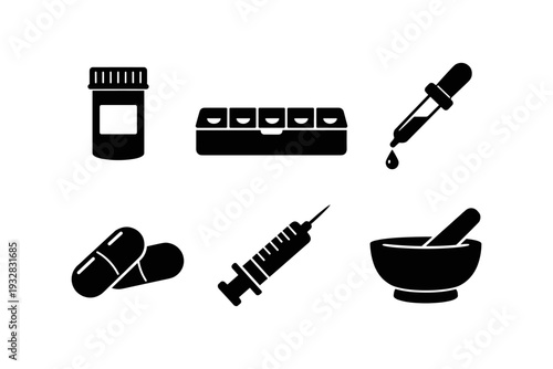 Collection of medical icons representing healthcare and pharmaceutical items
