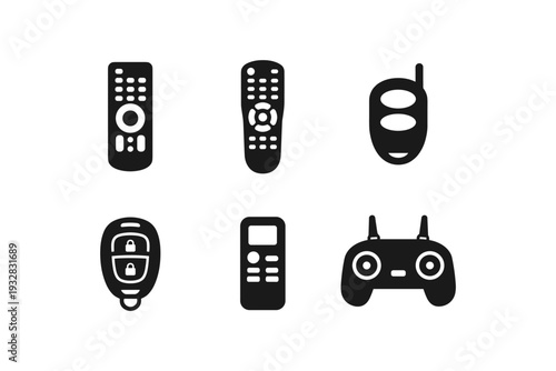 Collection of various remote control icons including TV, car, and drone controllers