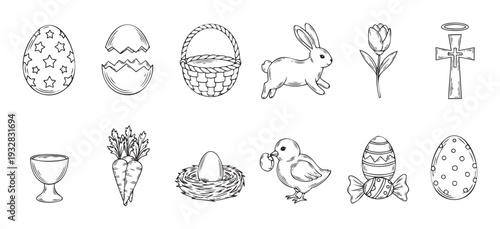 Discover a charming collection of handdrawn Easter celebration elements perfect for creating festive greeting cards, spring holiday decorations, and engaging printable activities for