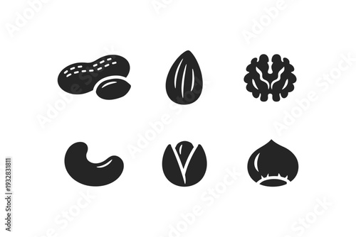 Collection of six different nut icons in a simple, clean, black and white graphic style