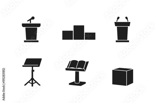 Collection of podiums, stands, and a cube icon set for presentations and events