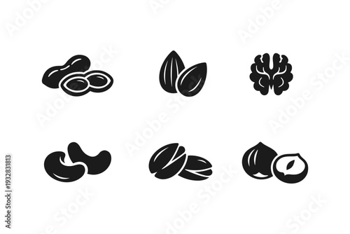 Collection of six different nut icons in a grid layout on a white background