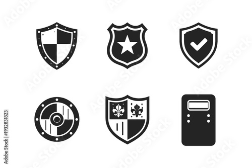Collection of diverse shield icons representing protection, security, and history