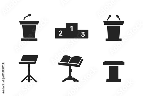 Collection of podiums, a winner's podium, and music stands icons