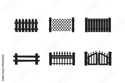 Collection of six different black silhouette fence and gate designs on a white background