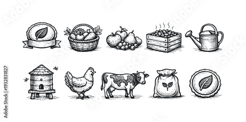 Farm and agriculture icon set. vintage outline illustrations of rural life.