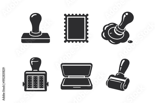 Collection of six different stamp icons and related items in a graphic illustration