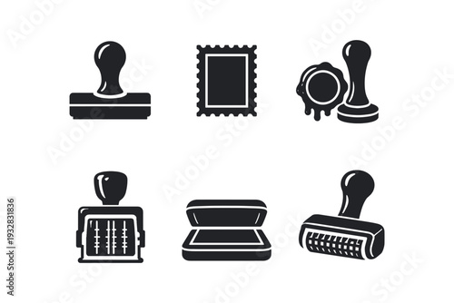 Collection of various stamp icons and related accessories in a clean, modern graphic style