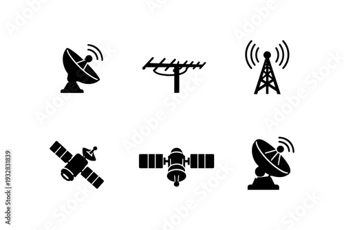Collection of communication technology icons including satellites, antennas, and dishes