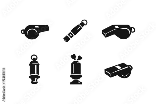 Collection of whistle and referee whistle icons in black and white vector style