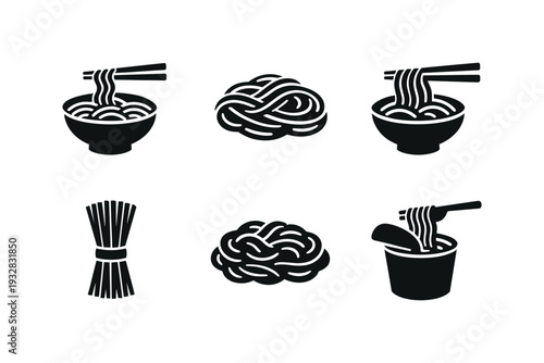 Collection of black and white icons representing different types of noodles and pasta dishes
