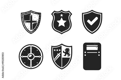 Collection of diverse shield icons representing protection, security, and heraldry
