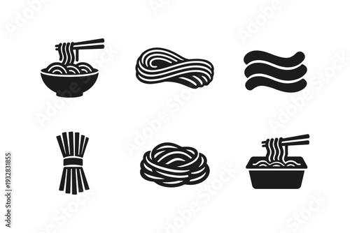 Collection of stylized black and white icons representing various noodle dishes and preparations
