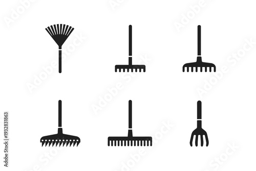 Collection of six different black silhouette garden rakes and forks on a white background