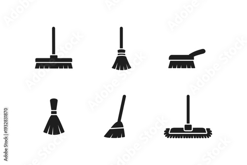 Collection of six different cleaning tools and brooms in silhouette style