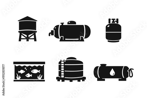 Collection of various storage tank and container icons in silhouette style