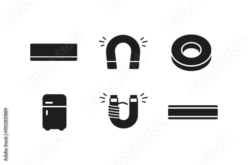 Collection of magnet icons and a refrigerator icon on a white background