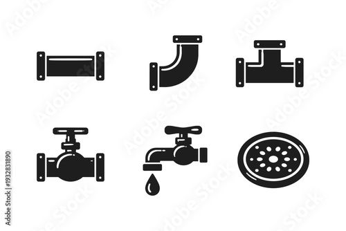 Collection of black plumbing icons including pipes, valves, faucet, and drain