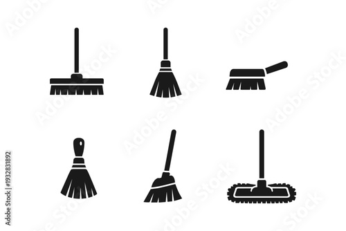 Collection of cleaning tools icons including brooms, brushes, and mop for household chores
