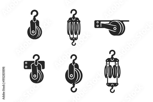 Collection of six different pulley system icons with hooks and wheels