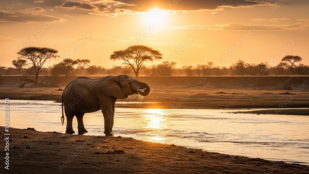 Fototapeta premium African elephant drinking water at sunset in savanna