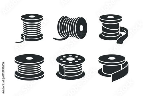 Collection of six different spool icons for sewing and crafting projects