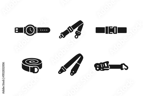 Collection of six different strap and buckle icons on a white background