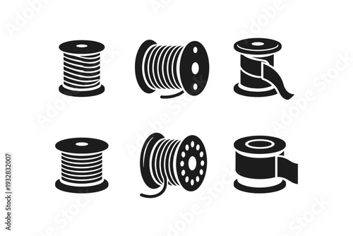 Collection of six black and white icons representing spools of thread and ribbon