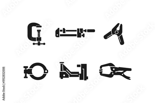 Collection of six different clamp and vise icons in black silhouette on white background