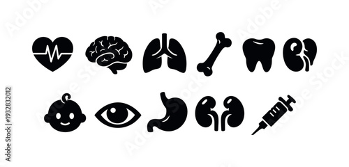 Medical, healthcare silhouette icon set. anatomy, health symbols solid collection
