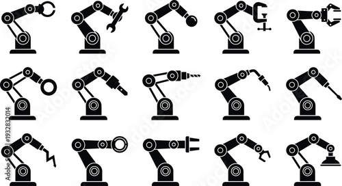 Industrial Robotic Arm Icon Set, Automation and Manufacturing Robot Silhouette Collection in Black Vector Illustration for Industry Technology Design