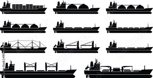 Cargo Ship and Tanker Vessel Icon Set, Container Freight and Industrial Shipping Silhouette Collection in Black Vector Illustration