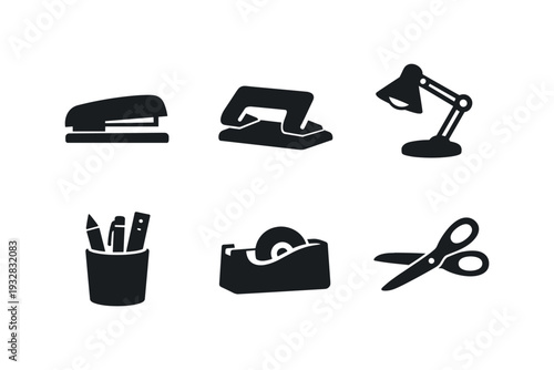 Collection of black office and school supplies icons on a white background