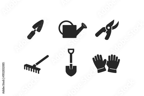 Set of black silhouette icons representing various gardening tools on a white background
