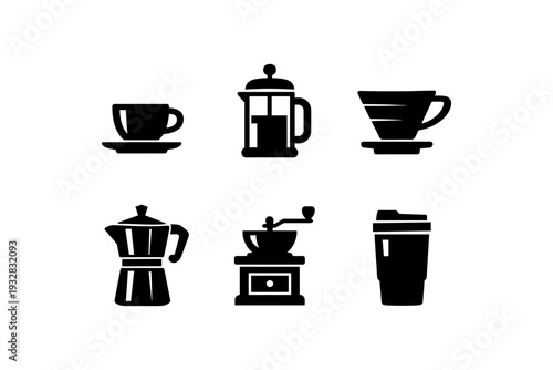 Collection of black coffee making icons and cups on a white background